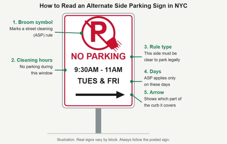 Alternate side parking NYC sign with the broom symbol, cleaning hours, days, and arrow labeled
