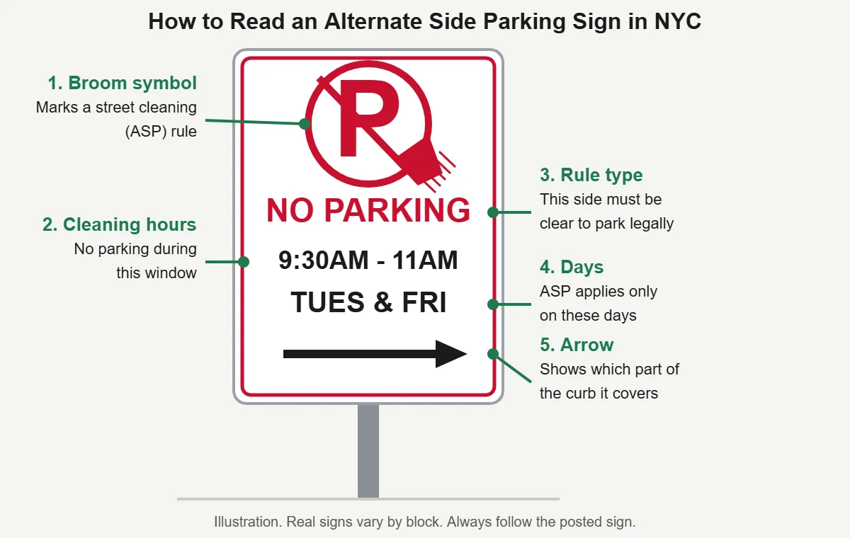 Alternate side parking NYC sign with the broom symbol, cleaning hours, days, and arrow labeled