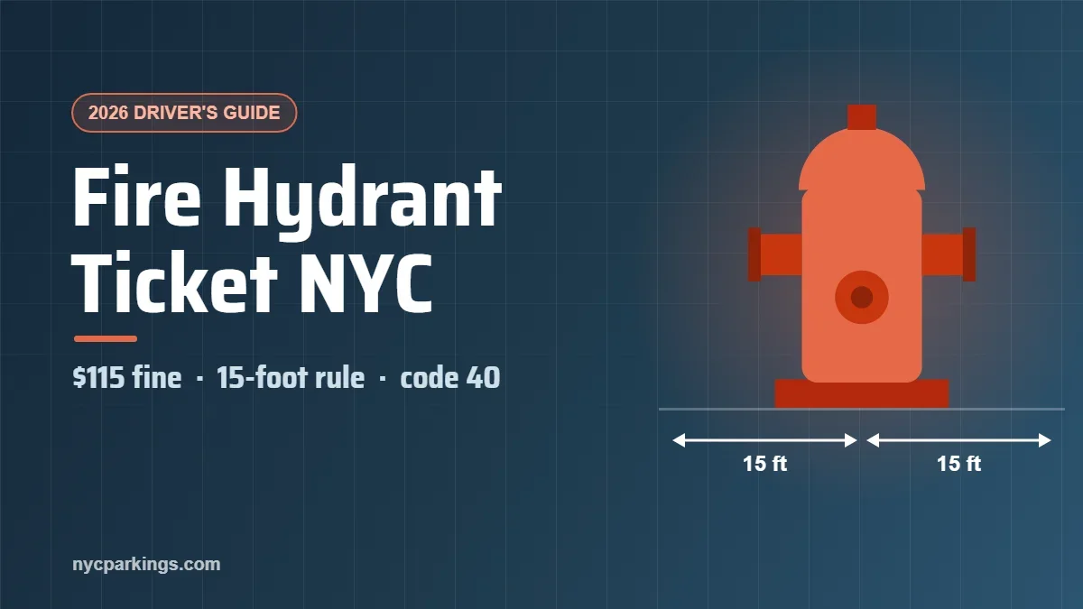 Fire hydrant ticket NYC guide cover: $115 fine, 15-foot rule, violation code 40