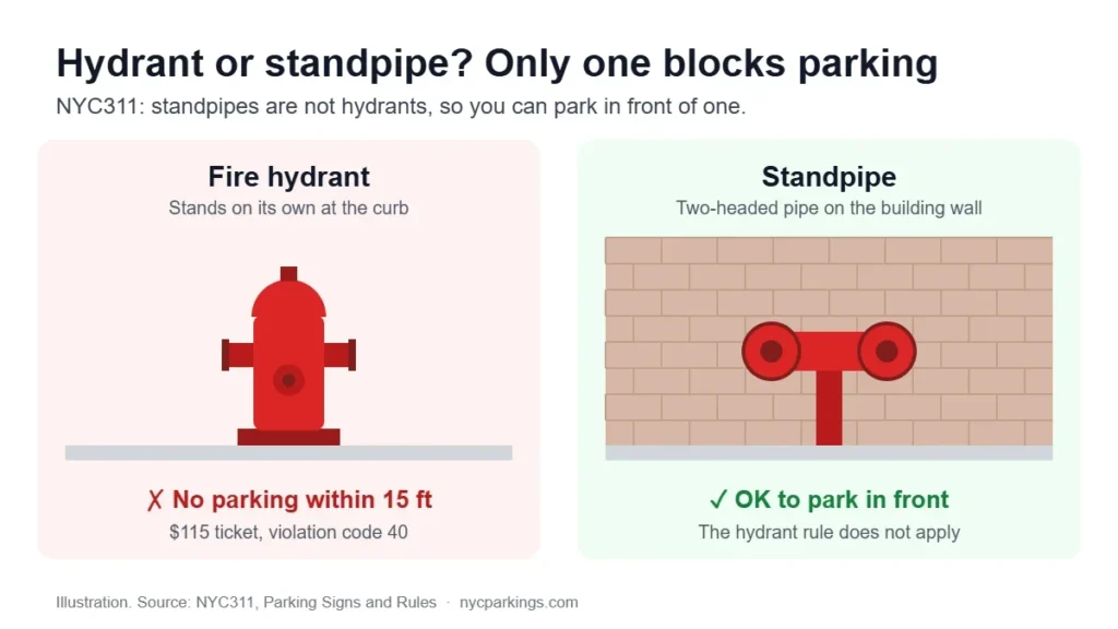Illustration comparing a NYC fire hydrant at the curb with a two-headed standpipe on a building wall