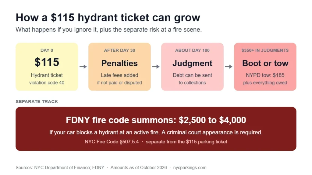 Chart of how a $115 NYC hydrant ticket grows: late penalties after 30 days, judgment at about 100 days, boot or tow at $350 in judgments, and a separate FDNY fire code summons
