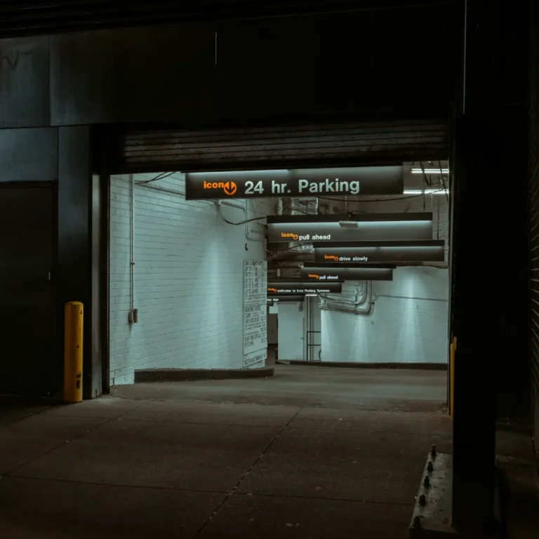 Entrance to a 24-hour parking garage in New York City at night