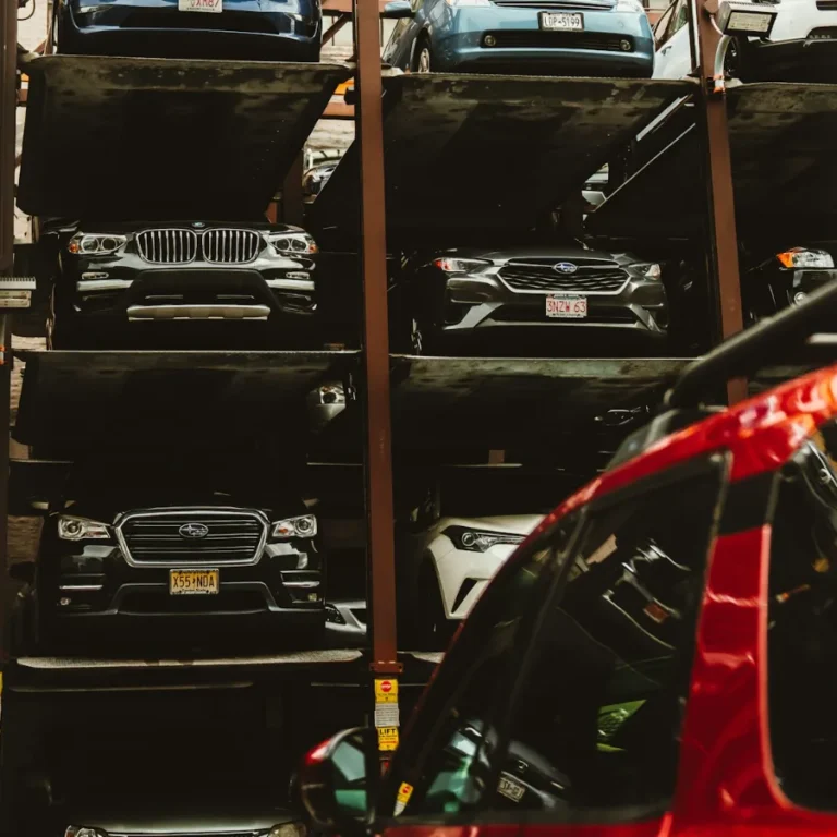 Cars stacked on multi-level parking lifts in New York City