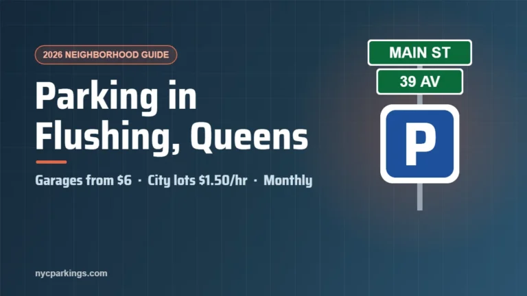 Parking in Flushing, Queens guide cover: garages from $6, city lots $1.50 an hour, and monthly parking