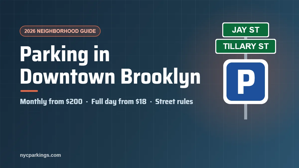 Parking in Downtown Brooklyn guide cover: monthly garages from $200, full day from $18, and street rules
