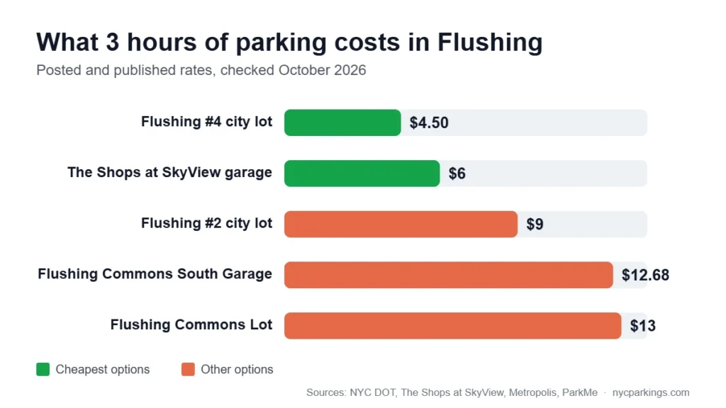 Chart of what 3 hours of parking in Flushing, Queens costs at city lots and garages, from $4.50 to $13