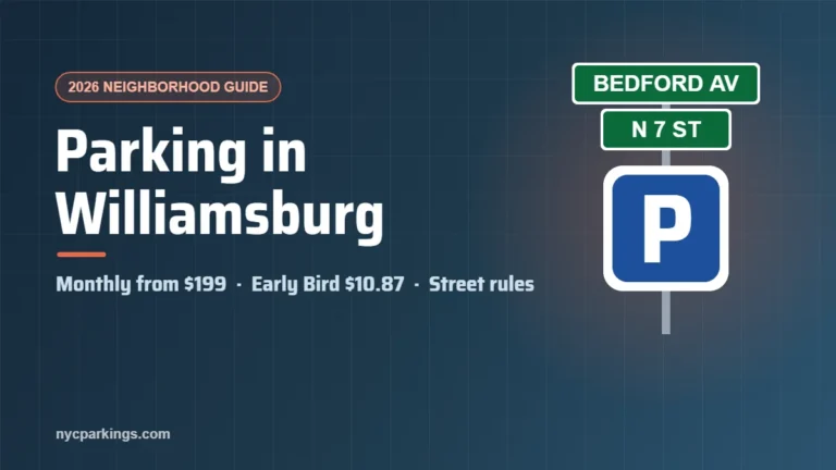 Parking in Williamsburg, Brooklyn guide cover: monthly garages from $199 and street rules