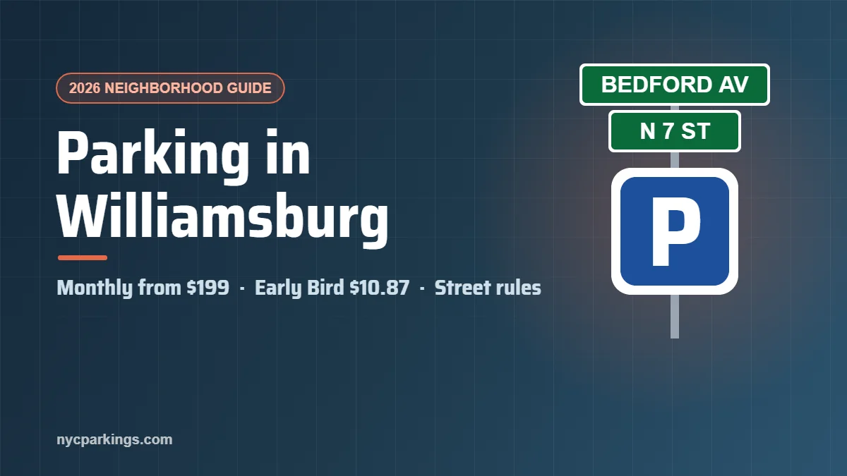 Parking in Williamsburg, Brooklyn guide cover: monthly garages from $199 and street rules
