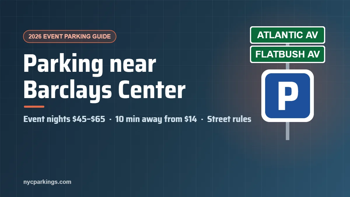 Parking near Barclays Center guide cover: event nights $45 to $65, garages 10 minutes away from $14